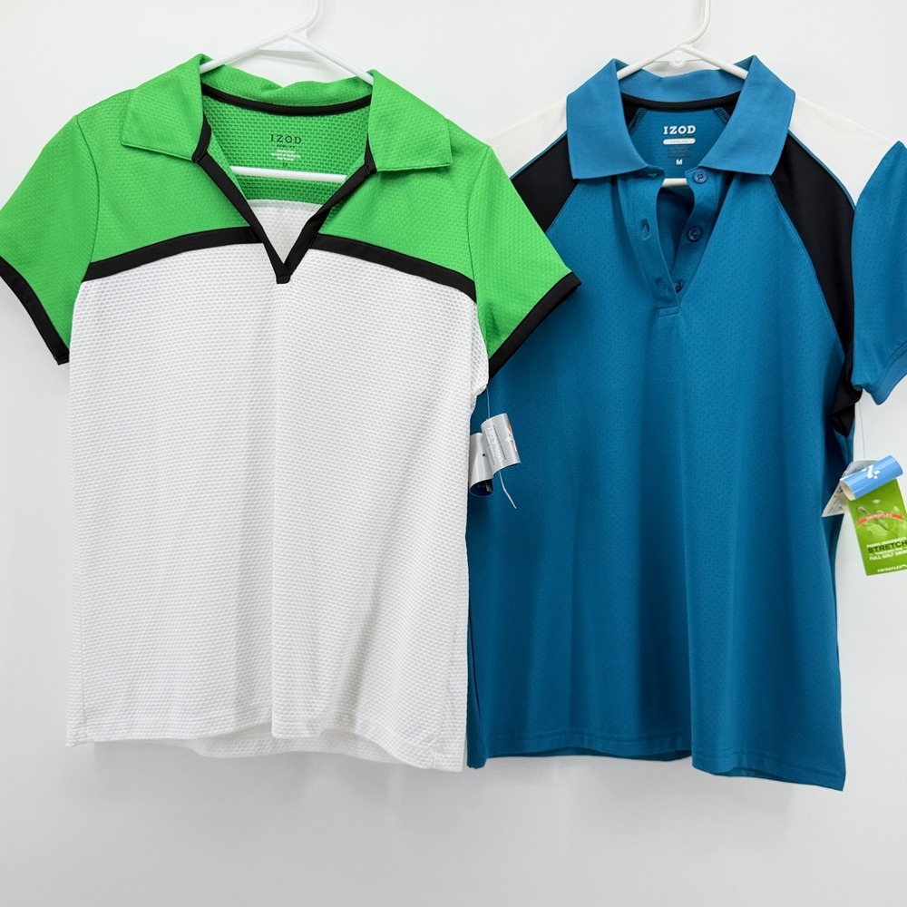 Izod Women Lot of 2 Golf Polo Medium Blue Green White Swingflex Cool FX NEW